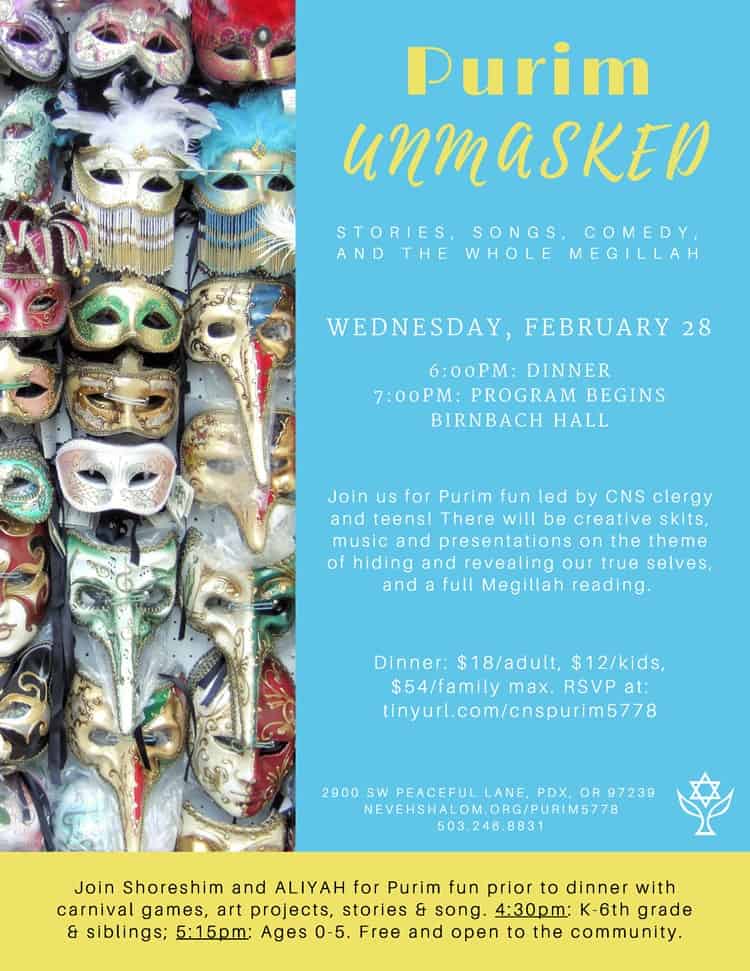 Purim Unmasked: Stories, Songs, Comedy and the Whole Megillah @ Congregation Neveh Shalom | Portland | Oregon | United States