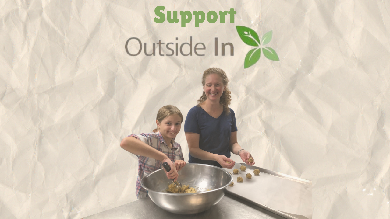 The background looks like crumpled paper with a photo of a woman and child stirring something in a bowl with the words "Support Outside In" above them