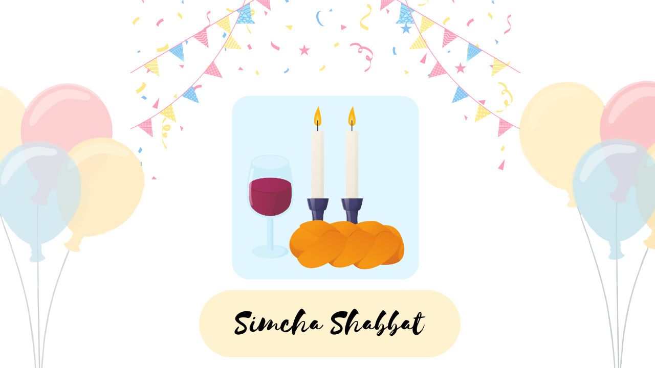 white background with balloons on both ends and in the middle there is a blue square and shabbatritual items