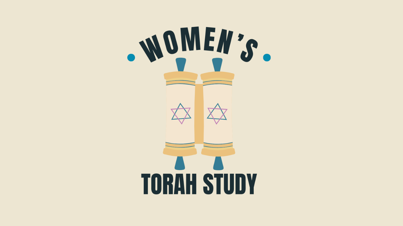 Khaki background with an image of a torah scroll in similar colors as the text that says "Women's Torah Study."