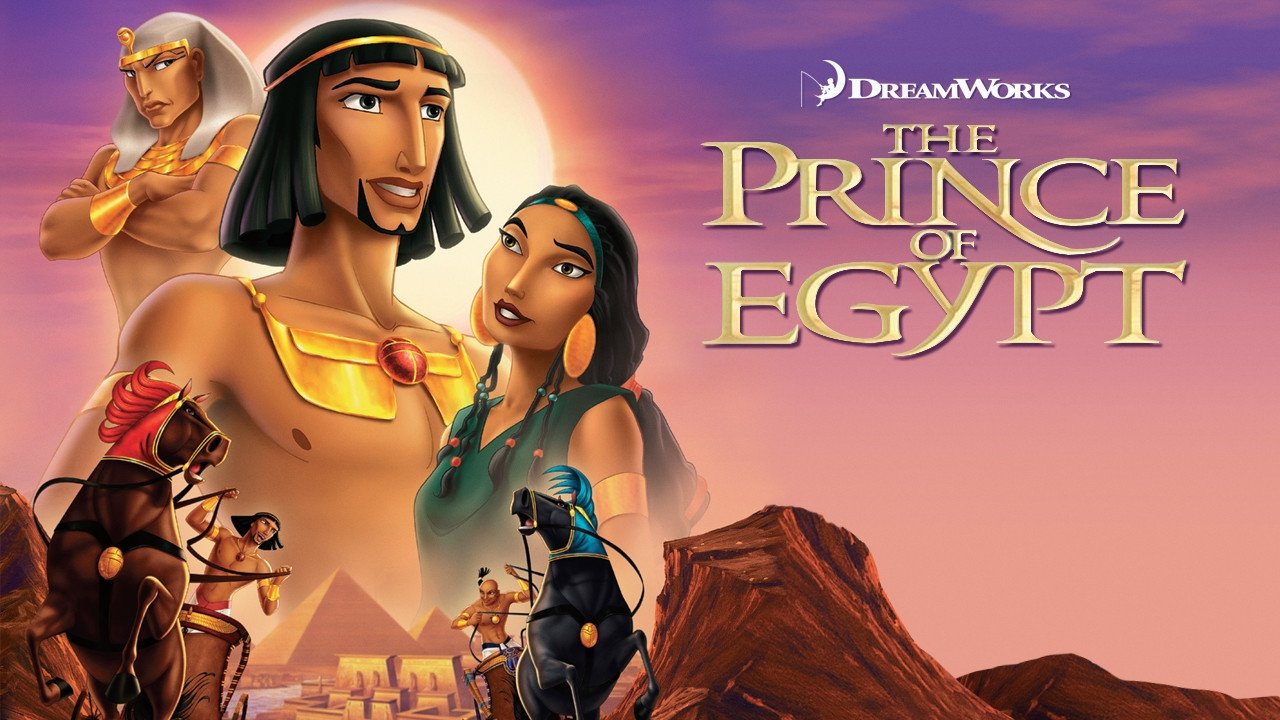 Movie banner including moses, tsiporah, the pharoh, and other fun characters in front of a sunset background.